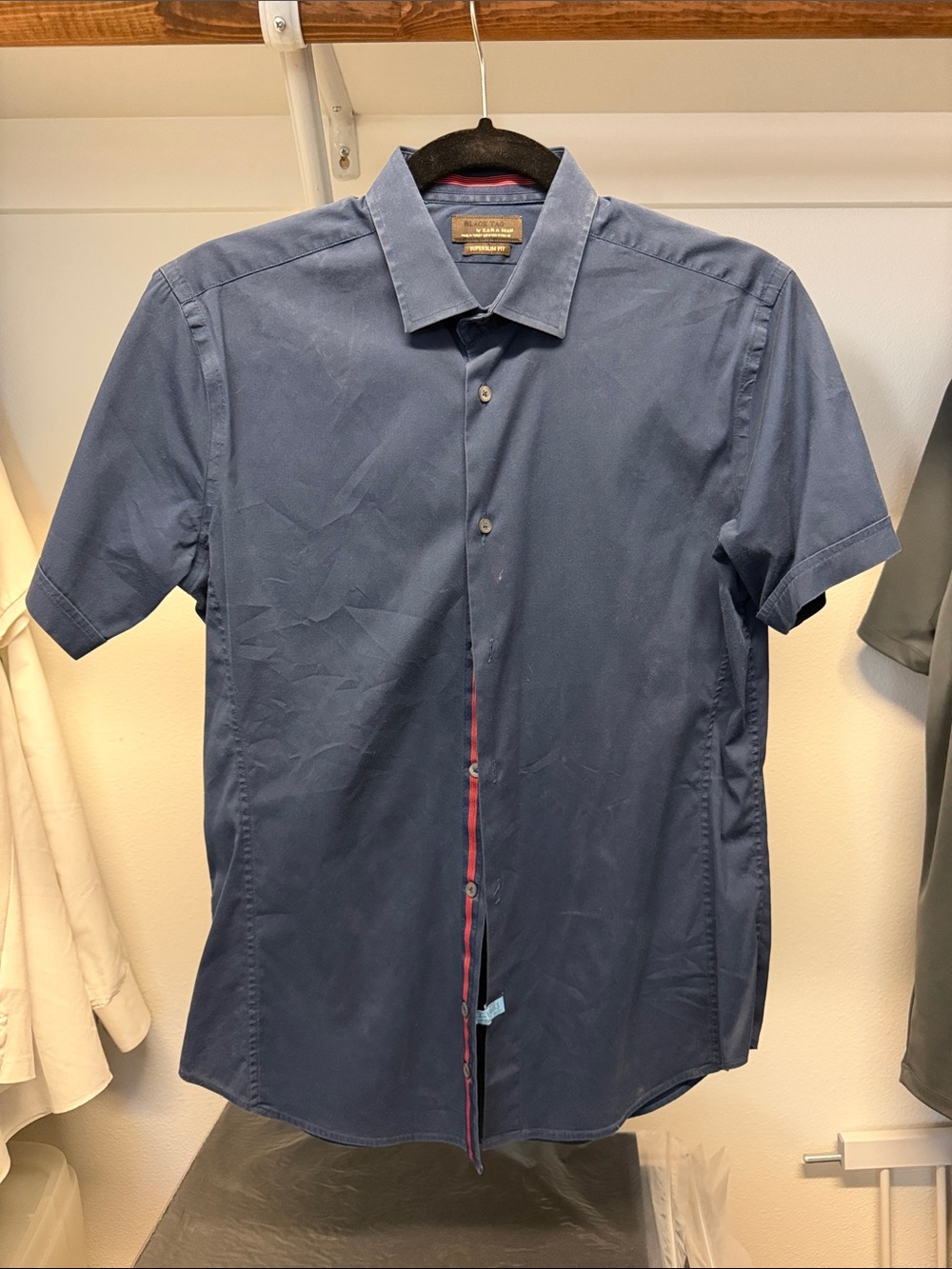 Zara Navy Short-Sleeve Button-Down Shirt with Contrast Trim